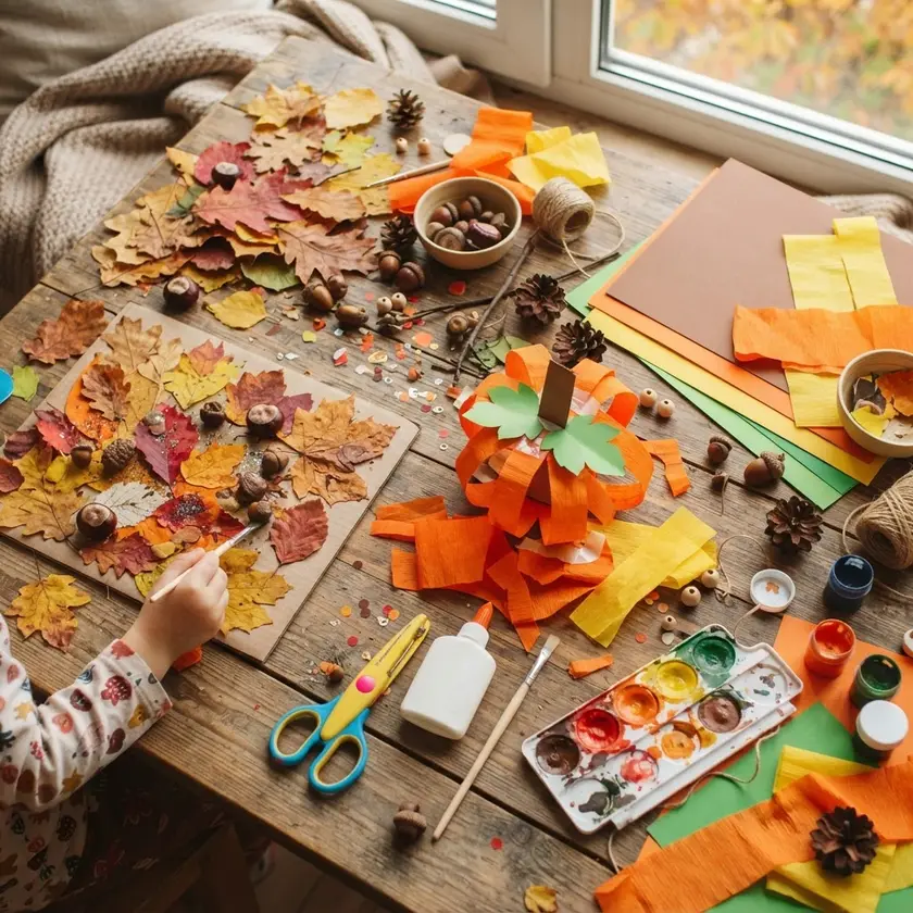 Masă cu activități de toamnă pentru copii: frunze uscate, castane, hârtie creponată, carton colorat, foarfecă și tempera