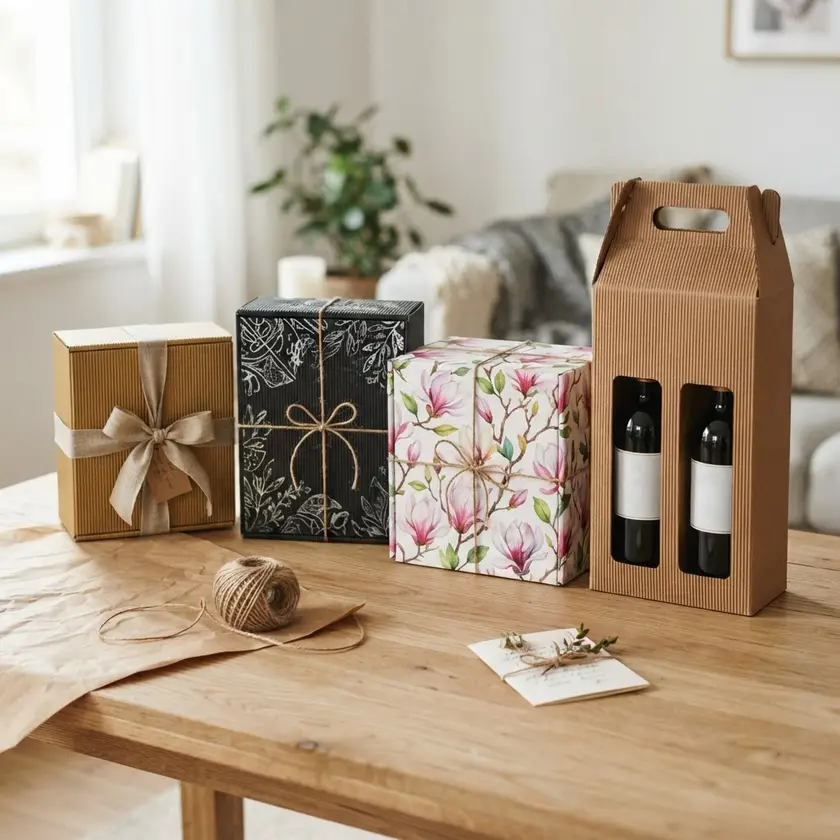 Cutii cadou din carton ondulat: aurie, neagră, florală cu magnolii și cutie pentru sticle cu fereastră și mâner