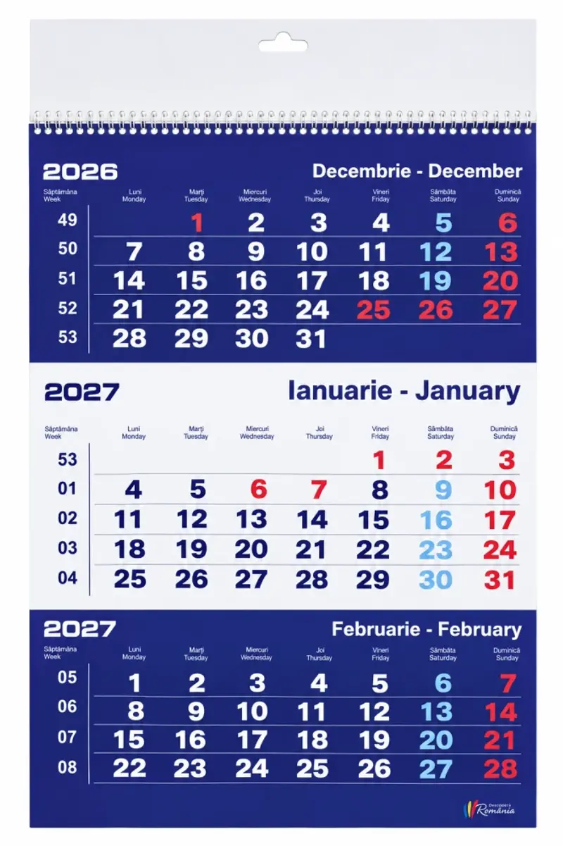 Calendar A3 triptic LUCIOS Albastru/Alb 12 coli 2027